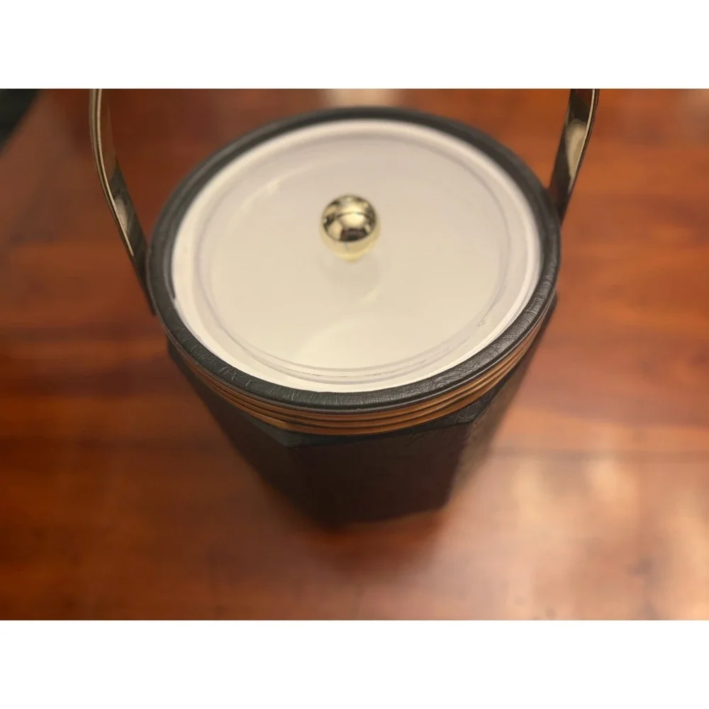 Vintage Mid-Century Modern Octagonal Ice Bucket Navy Blue Faux Leather w/h Brass